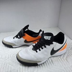 Nike Men's Soccer Shoes White Black Orange Leather Lace Up Rubber Cleats